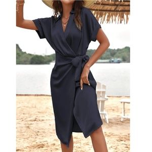 Navy Blue Satin Wrap Dress Side Tie Short Rolled Up Sleeves